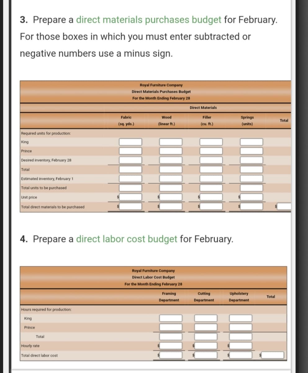 3. Prepare a direct materials purchases budget for February.
For those boxes in which you must enter subtracted or
negative numbers use a minus sign.
Required units for production:
King
Prince
Desired inventory, February 28
Total
Estimated inventory, February 1
Total units to be purchased
Unit price
Total direct materials to be purchased
Hours required for production:
King
Prince
Total
Royal Furniture Company
Direct Materials Purchases Budget
For the Month Ending February 28
Hourly rate
Total direct labor cost
Fabric
(sq. yds.)
4. Prepare a direct labor cost budget for February.
Wood
(linear ft.)
Royal Furniture Company
Direct Labor Cost Budget
For the Month Ending February 28
Direct Materials
Framing
Department
Filler
(cu. ft.)
Cutting
Department
Springs
(units)
Upholstery
Department
Total
Total