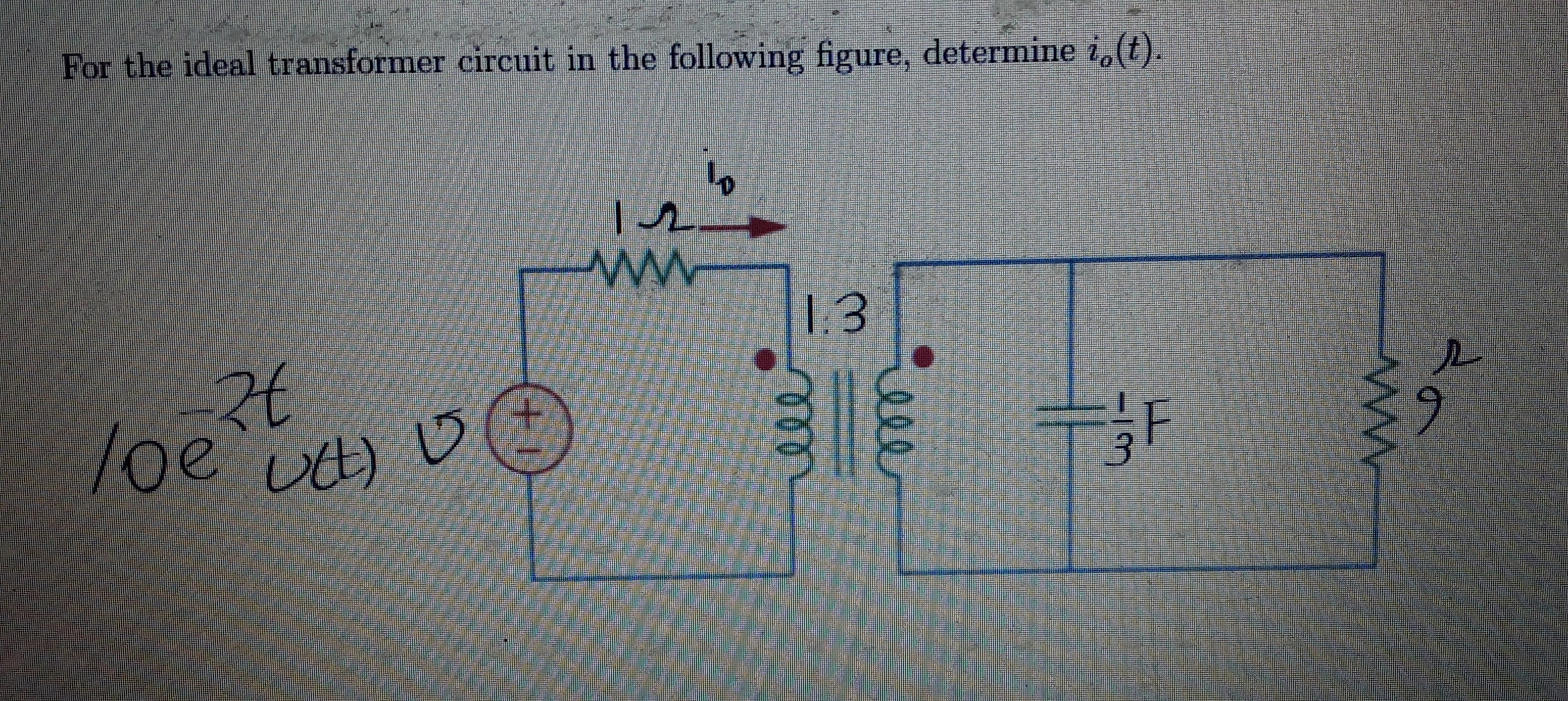 For the ideal transformer circuit in the following figure, determine i,(t).
