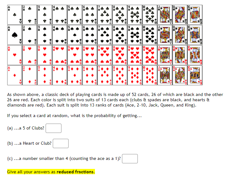 As shown above, a classic deck of playing cards is made up of 52 cards, 26 of which are black and the other
26 are red. Each color is split into two suits of 13 cards each (clubs & spades are black, and hearts &
diamonds are red). Each suit is split into 13 ranks of cards (Ace, 2-10, Jack, Queen, and King).
If you select a card at random, what is the probability of getting...
(a) ...a 5 of Clubs?
...a Heart or Club?
(c) ...a number smaller than 4 (counting the ace as a 1)?
Give all your answers as reduced fractions.
***
...
2.
24

