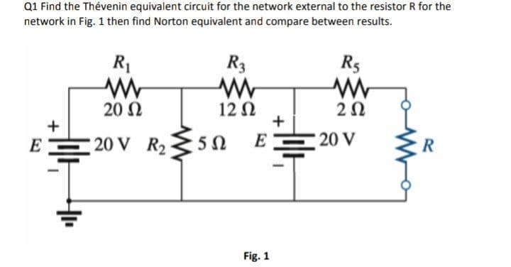 Q1 Find the Thévenin equivalent circuit for the network external to the resistor R for the
network in Fig. 1 then find Norton equivalent and compare between results.
R1
R3
R5
20 Ω
12 N
+
+
E
20 V R2
E
20 V
Fig. 1
