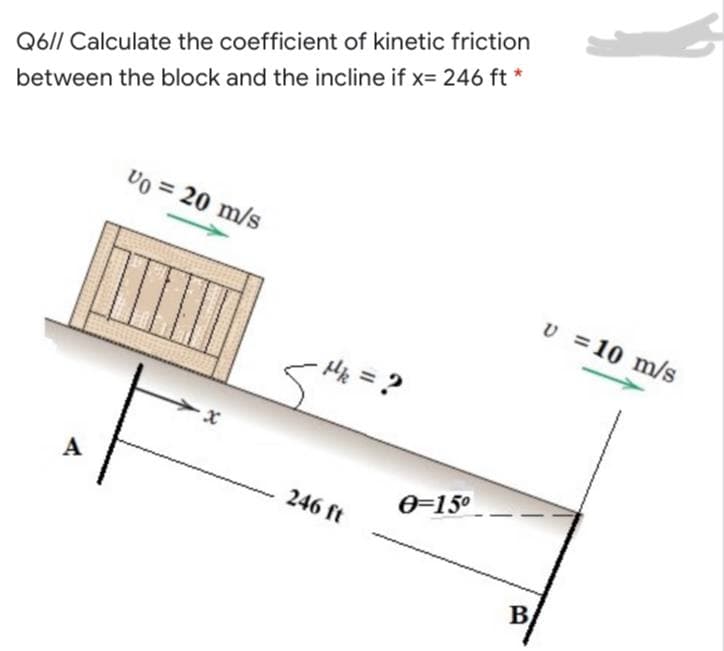 Q6// Calculate the coefficient of kinetic friction
between the block and the incline if x= 246 ft *
Vo = 20 m/s
v = 10 m/s
A
246 ft
0=15°
B
