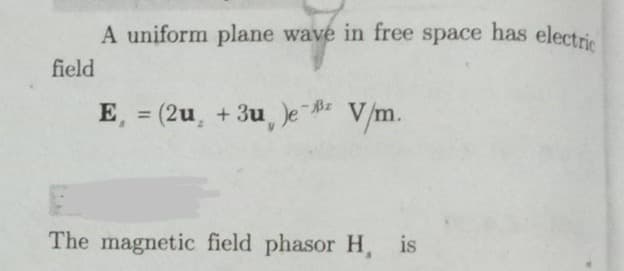 A uniform plane wave in free space has electric
field
E, = (2u, + 3u, Je V/m.
%3D
The magnetic field phasor H, is
