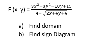 F (x. y) =
3x2+3y? -18y+15
4- /2x+4y+4
a) Find domain
b) Find sign Diagram
