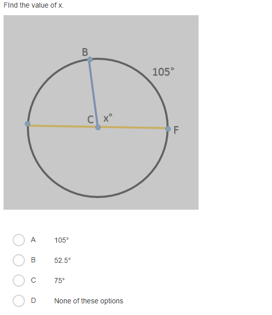 Find the value of x.
B
105°
C x°
F
A
105°
B
52.5°
75°
None of these options
