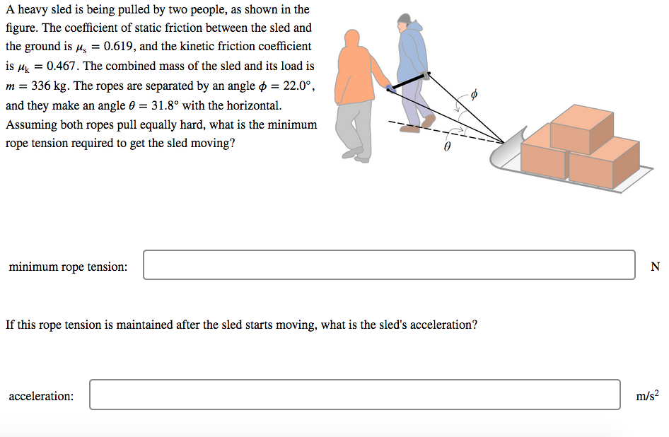 A heavy sled is being pulled by two people, as shown in the
figure. The coefficient of static friction between the sled and
the ground is u, = 0.619, and the kinetic friction coefficient
is µ = 0.467. The combined mass of the sled and its load is
336 kg. The ropes are separated by an angle ø = 22.0°,
m =
and they make an angle e = 31.8° with the horizontal.
Assuming both ropes pull equally hard, what is the minimum
rope tension required to get the sled moving?
minimum rope tension:
N
If this rope tension is maintained after the sled starts moving, what is the sled's acceleration?
acceleration:
m/s?
