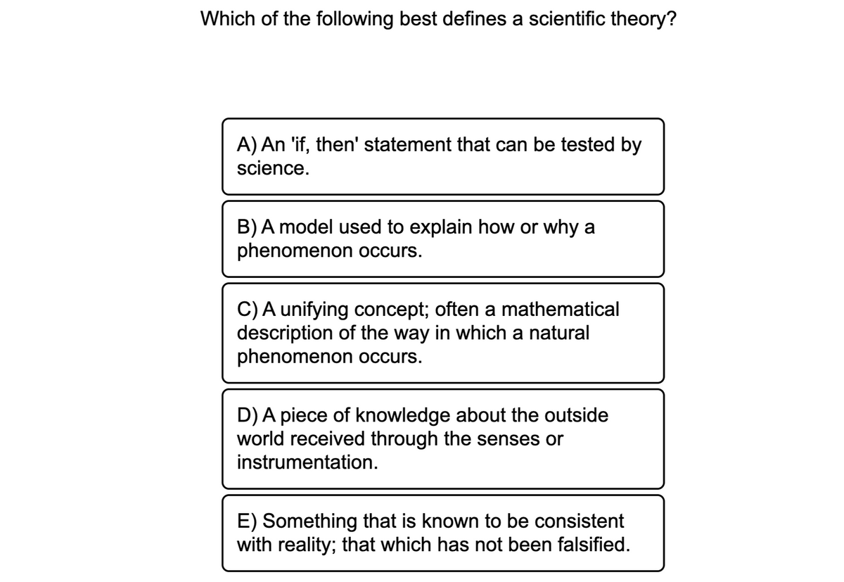 Which of the following best defines a scientific theory?
A) An 'if, then' statement that can be tested by
science.
B)A model used to explain how or why a
phenomenon occurs.
C) A unifying concept; often a mathematical
description of the way in which a natural
phenomenon occurs.
D) A piece of knowledge about the outside
world received through the senses or
instrumentation.
E) Something that is known to be consistent
with reality; that which has not been falsified.
