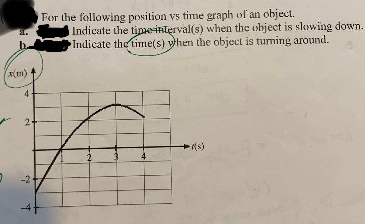 For the following position vs time graph of an object.
Indicate the time interval(s) when the object is slowing down.
Indicate the time(s) when the object is turning around.
a.
b.
x(m)
-2
4.
