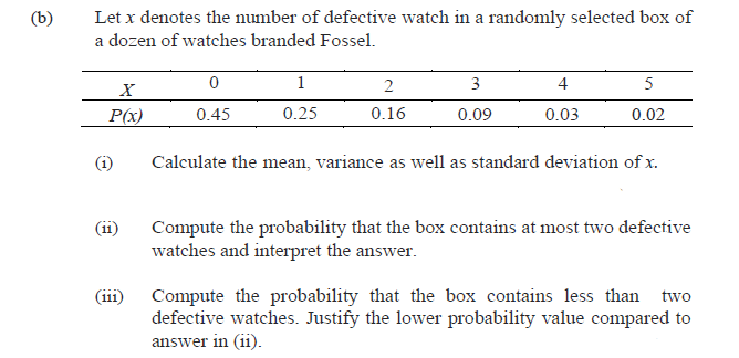 (b)
Let x denotes the number of defective watch in a randomly selected box of
a dozen of watches branded Fossel.
1
3
4
5
P(x)
0.45
0.25
0.16
0.09
0.03
0.02
Calculate the mean, variance as well as standard deviation of x.
Compute the probability that the box contains at most two defective
watches and interpret the answer.
(ii)
Compute the probability that the box contains less than two
defective watches. Justify the lower probability value compared to
answer in (ii).
(ii1)
