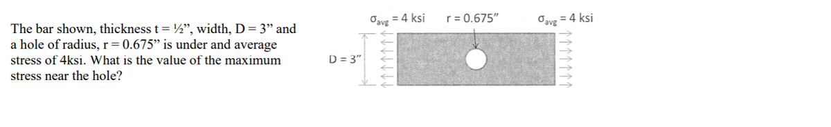 r = 0.675"
The bar shown, thickness t = ½", width, D= 3" and
a hole of radius, r= 0.675" is under and average
Oavg = 4 ksi
Oavg = 4 ksi
stress of 4ksi. What is the value of the maximum
D = 3"
stress near the hole?
