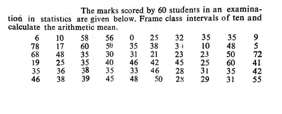 The marks scored by 60 students in an examina-
tion in statistics are given below. Frame class intervals of ten and
calculate the arithmetic mean.
6
78
68
19
35
46
10
17
48
25
36
38
58
60
35
35
38
39
56
50
30
40
35
45
35
31
46
33
48
25
38
21
42
46
50
32
3)
23
45
28
28
35
10
23
25
31
29
35
48
50
60
35
31
5
72
41
42
55
