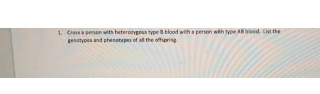 1. Cross a person with heterozygous type B blood with a person with type AB blood. List the
genotypes and phenotypes of all the offspring.
