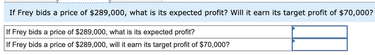 If Frey bids a price of $289,000, what is its expected profit? Will it earn its target profit of $70,000?
If Frey bids a price of $289,000, what is its expected profit?
If Frey bids a price of $289,000, will it earn its target profit of $70,000?