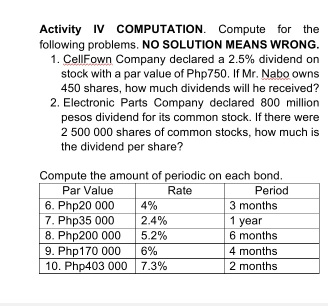 Activity IV COMPUTATION. Compute for the
following problems. NO SOLUTION MEANS WRONG.
1. CellFown Company declared a 2.5% dividend on
stock with a par value of Php750. If Mr. Nabo owns
450 shares, how much dividends will he received?
2. Electronic Parts Company declared 800 million
pesos dividend for its common stock. If there were
2 500 000 shares of common stocks, how much is
the dividend per share?
Compute the amount of periodic on each bond.
Par Value
Rate
Period
6. Php20 000
7. Php35 000
8. Php200 000
9. Php170 000
10. Php403 000
4%
3 months
2.4%
1 year
5.2%
6 months
6%
4 months
7.3%
2 months
