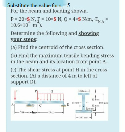 Substitute the value for s = 5
For the beam and loading shown.
P = 20×S N, F = 10×S N, Q = 4×S N/m, (INA
10.6x10° m).
%3D
-6
Determine the following and showing
your steps:
(a) Find the centroid of the cross section.
(b) Find the maximum tensile bending stress
in the beam and its location from point A.
(c) The shear stress at point H in the cross
section. (At a distance of 4 m to left of
support D).
12 inm
15mm-
150 mm
12 mm
20mm
A
в с
B
H
-5m
5m--4m-l-
-14m-
-
I00 mm
%3D
