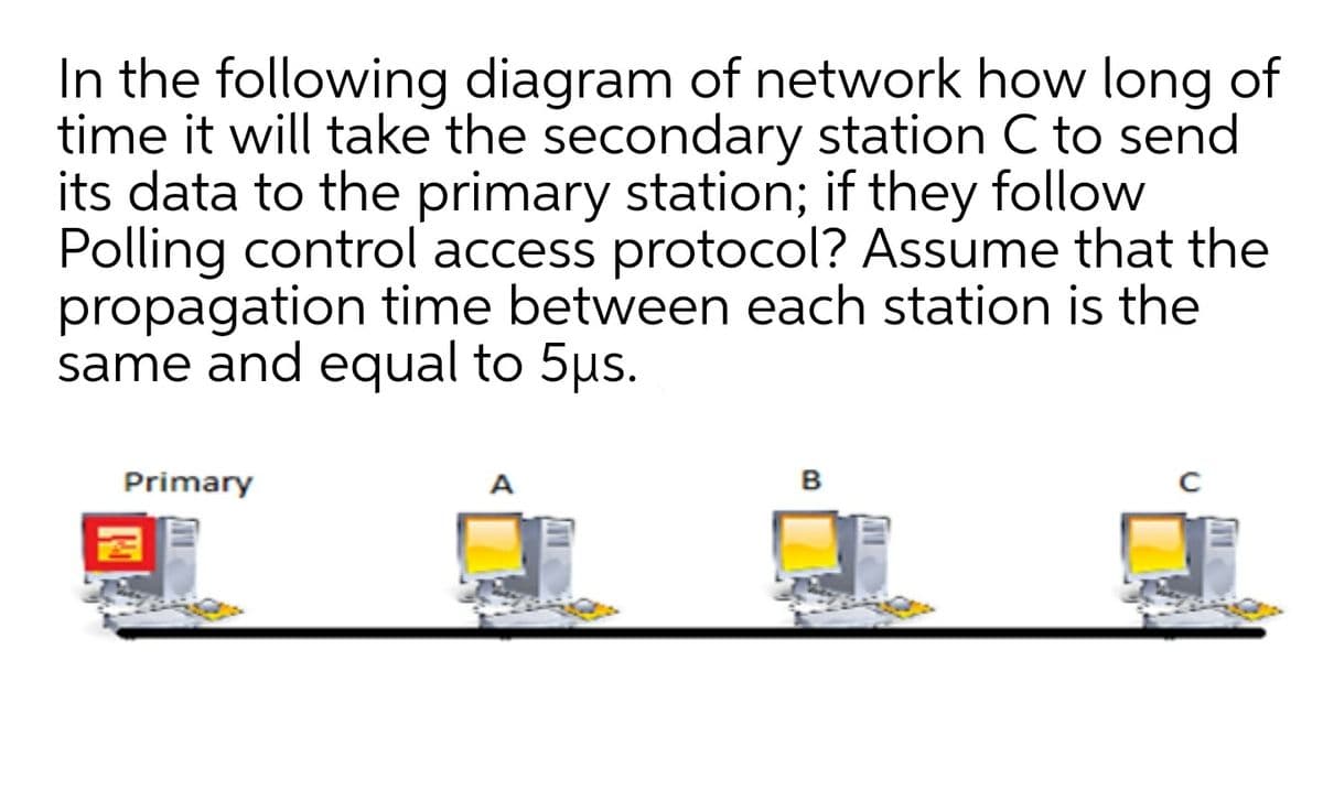 In the following diagram of network how long of
time it will take the secondary station C to send
its data to the primary station; if they follow
Polling control access protocol? Assume that the
propagation time between each station is the
same and equal to 5us.
Primary
A
B
