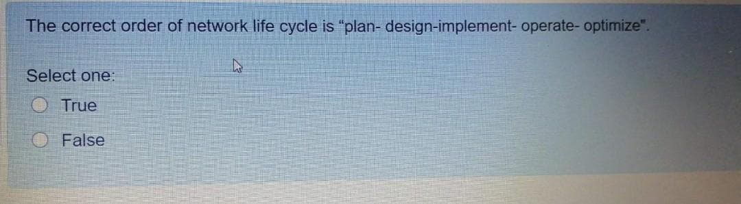 The correct order of network life cycle is "plan- design-implement- operate- optimize".
Select one:
O True
O False
