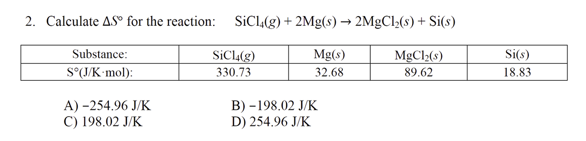 2. Calculate AS° for the reaction:
Substance:
S°(J/K mol):
A) -254.96 J/K
C) 198.02 J/K
SiCl4(g) + 2Mg(s) → 2MgCl₂(s) + Si(s)
SiCl4(g)
330.73
Mg(s)
32.68
B) 198.02 J/K
D) 254.96 J/K
MgCl₂(s)
89.62
Si(s)
18.83