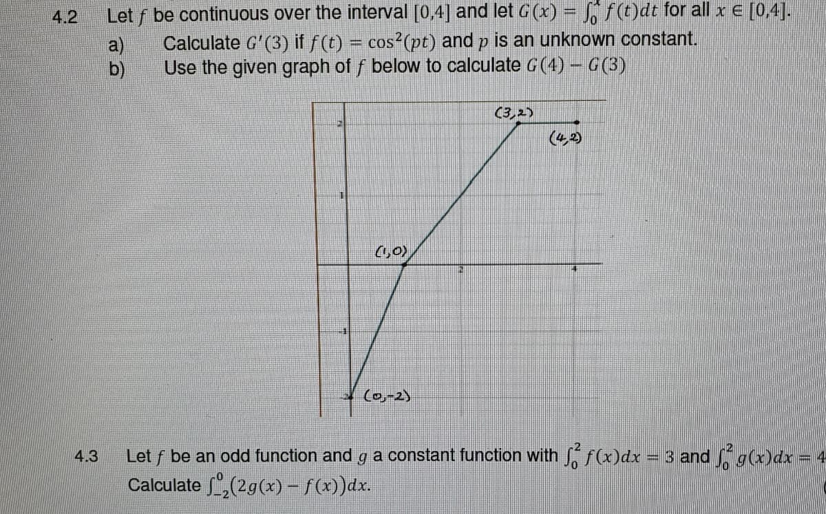 Let f be continuous over the interval [0,4] and let G (x) = S, f(t)dt for all x e [0,4].
a)
Calculate G'(3) if f (t) = cos?(pt) and p is an unknown constant.
Use the given graph of f below to calculate G(4) – G(3)
b)
%3D
4.2
%3D
C3,2)
(4,2)
(,0)
(0-2)
