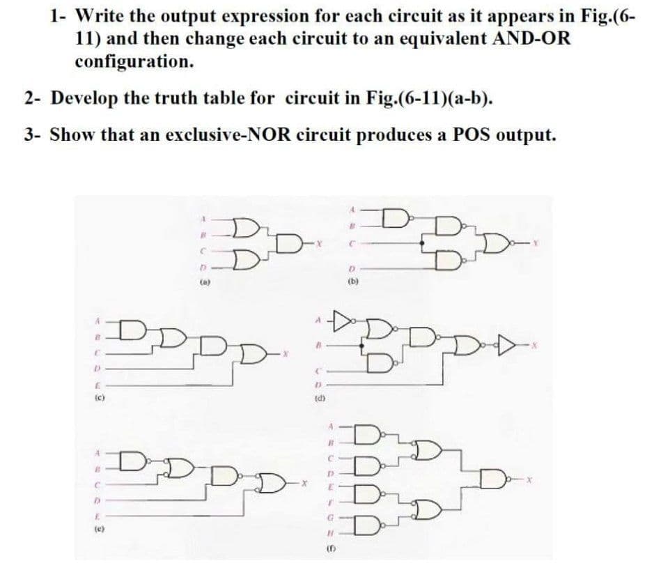 1- Write the output expression for each circuit as it appears in Fig.(6-
11) and then change each circuit to an equivalent AND-OR
configuration.
2- Develop the truth table for circuit in Fig.(6-11)(a-b).
3- Show that an exclusive-NOR circuit produces a POS output.
D
(a)
Dr
D
B
C
D
E
DDD
(c)
D
(d)
ABCD
E
(e)
D-D
(b)
x
E
I
"Do
(0)