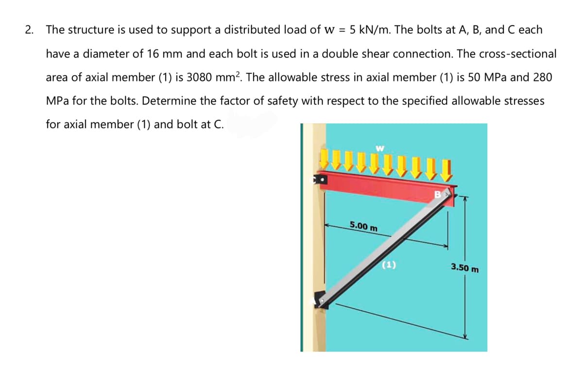 2.
The structure is used to support a distributed load of w = 5 kN/m. The bolts at A, B, and C each
have a diameter of 16 mm and each bolt is used in a double shear connection. The cross-sectional
area of axial member (1) is 3080 mm?. The allowable stress in axial member (1) is 50 MPa and 280
MPa for the bolts. Determine the factor of safety with respect to the specified allowable stresses
for axial member (1) and bolt at C.
5.00 m
(1)
3.50 m
