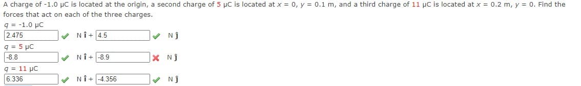 A charge of -1.0 µC is located at the origin, a second charge of 5 µC is located at x = 0, y = 0.1 m, and a third charge of 11 µC is located at x = 0.2 m, y = 0. Find the
forces that act on each of the three charges.
q = -1.0 µC
2.475
q = 5 µC
NÎ+ 4.5
V Nj
-8.8
NÎ+ -8.9
X NJ
q = 11 µC
6.336
V NÎ+ -4.356
V NJ
