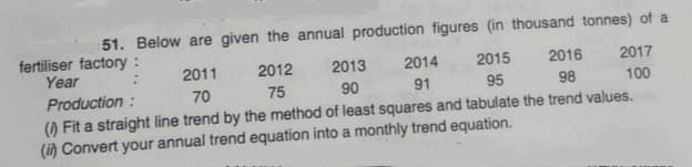 51. Below are given the annual production figures (in thousand tonnes) of a
fertiliser factory:
Year
2011
2012
2013
2014
2015
2016
2017
Production :
70
75
90
91
95
98
100
() Fit a straight line trend by the method of least squares and tabulate the trend values.
(in Convert your annual trend equation into a monthly trend equation.
