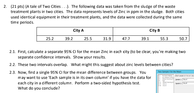 2. (21 pts) (A tale of Two Cities...). The following data was taken from the sludge of the waste
treatment plants in two cities. The data represents levels of Zinc in ppm in the sludge. Both cities
used identical equipment in their treatment plants, and the data were collected during the same
time periods.
25.2
39.2
City A
25.5
31.9
47.7
39.1
City B
55.3
2.3. Now, find a single 95% CI for the mean difference between groups. You
may want to use 'Each sample is in its own column' if you have the data for
each city in a different column. Perform a two-sided hypothesis test.
What do you conclude?
2.1. First, calculate a separate 95% CI for the mean Zinc in each city (to be clear, you're making two
separate confidence intervals. Show your results.
2.2. These two intervals overlap. What might this suggest about zinc levels between cities?
50.7
Two-Sample t for the Mean
Helping
Indus
05 Ape
C11 dobal Wang
C17 City A
Each sample is in its own cau
Sample 1: Ot
2
y
