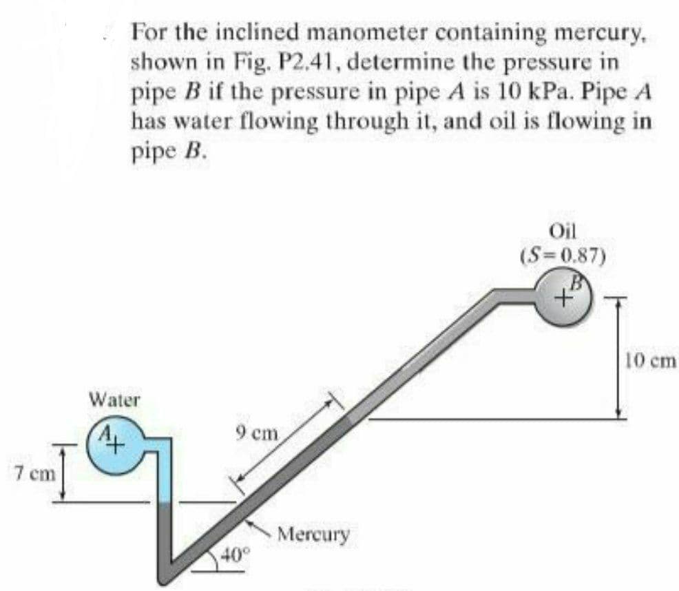 For the inclined manometer containing mercury,
shown in Fig. P2.41, determine the pressure in
pipe B if the pressure in pipe A is 10 kPa. Pipe A
has water flowing through it, and oil is flowing in
pipe B.
Oil
(S=0.87)
10 cm
Water
9 cm
to
7 cm
Mercury
40°
