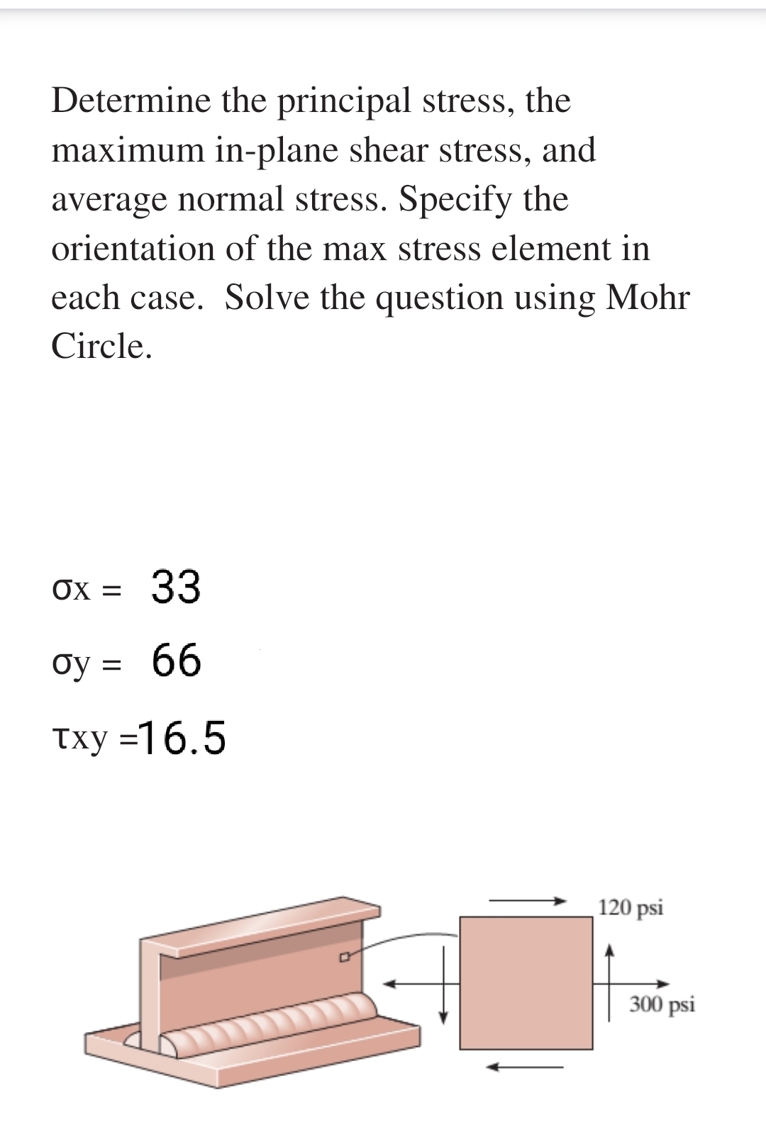 Determine the principal stress, the
maximum in-plane shear stress, and
average normal stress. Specify the
orientation of the max stress element in
each case. Solve the question using Mohr
Circle.
OX =
33
Oy = 66
Тхy -16.5
120 psi
300 psi

