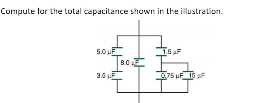 Compute for the total capacitance shown in the illustration.
5.0 µF
1.5 μF
8.0 µF
3.5 μΕ
0.75 µF_ 15 µF
