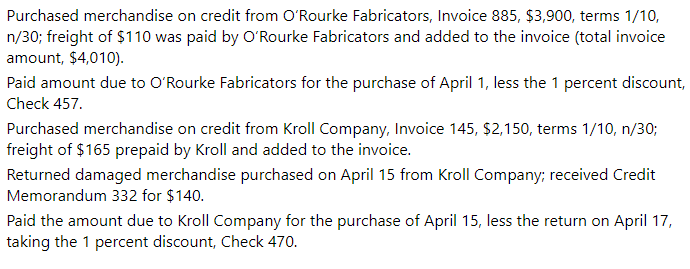 Purchased merchandise on credit from O'Rourke Fabricators, Invoice 885, $3,900, terms 1/10,
n/30; freight of $110 was paid by O'ʻRourke Fabricators and added to the invoice (total invoice
amount, $4,010).
Paid amount due to O'Rourke Fabricators for the purchase of April 1, less the 1 percent discount,
Check 457.
Purchased merchandise on credit from Kroll Company, Invoice 145, $2,150, terms 1/10, n/30;
freight of $165 prepaid by Kroll and added to the invoice.
Returned damaged merchandise purchased on April 15 from Kroll Company; received Credit
Memorandum 332 for $140.
Paid the amount due to Kroll Company for the purchase of April 15, less the return on April 17,
taking the 1 percent discount, Check 470.
