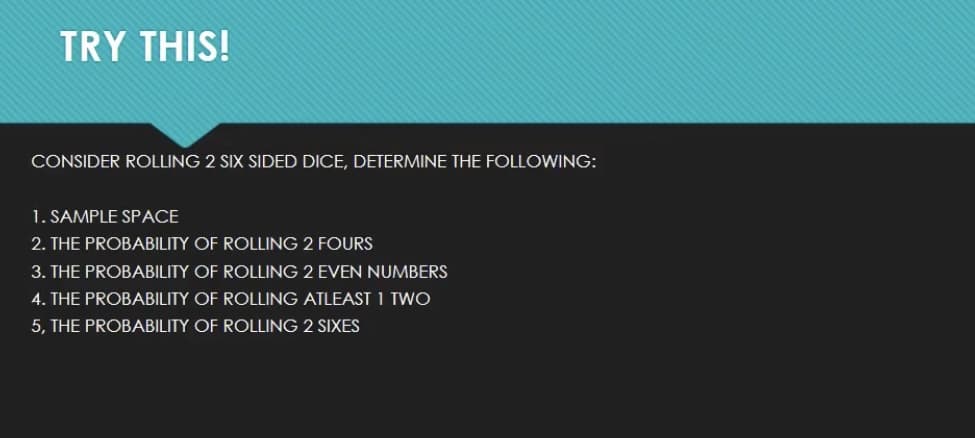 TRY THIS!
CONSIDER ROLLING 2 SIX SIDED DICE, DETERMINE THE FOLLOWING:
1. SAMPLE SPACE
2. THE PROBABILITY OF ROLLING 2 FOURS
3. THE PROBABILITY OF ROLLING 2 EVEN NUMBERS
4. THE PROBABILITY OF ROLLING ATLEAST 1 TWO
5, THE PROBABILITY OF ROLLING 2 SIXES
