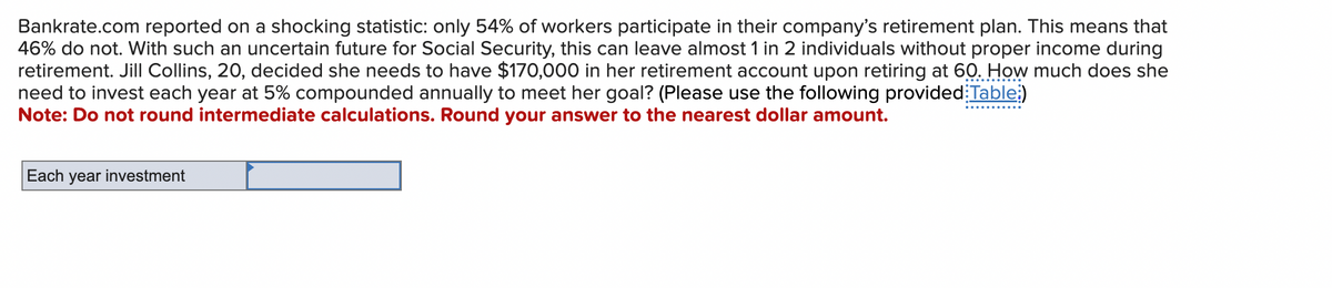 Bankrate.com reported on a shocking statistic: only 54% of workers participate in their company's retirement plan. This means that
46% do not. With such an uncertain future for Social Security, this can leave almost 1 in 2 individuals without proper income during
retirement. Jill Collins, 20, decided she needs to have $170,000 in her retirement account upon retiring at 60. How much does she
need to invest each year at 5% compounded annually to meet her goal? (Please use the following provided Table:)
Note: Do not round intermediate calculations. Round your answer to the nearest dollar amount.
Each year investment