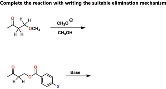 Complete the reaction with writing the suitable elimination mechanism
H H
CH30
OCH3
нн
CH3OH
Base
H H
