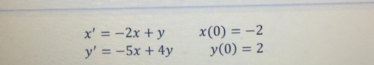 x' = -2x +y
-5x+4y
x(0) = -2
y(0) = 2
y' =
%3D
