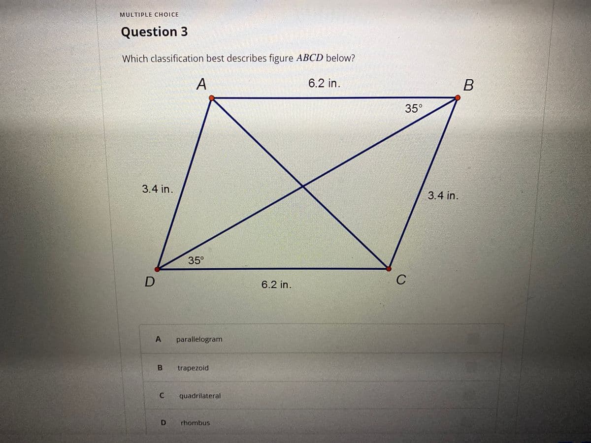 MULTIPLE CHOICE
Question 3
Which classification best describes figure ABCD below?
6.2 in.
35°
3.4 in.
3.4 in.
35°
D
6.2 in.
A
parallelogram
trapezoid
quadrilateral
rhombus
