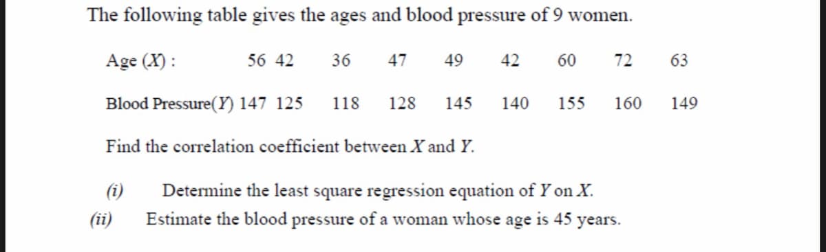 The following table gives the ages and blood pressure of 9 women.
Age (X) :
56 42
36
47
49
42
60
72
63
Blood Pressure(Y) 147 125
118
128
145
140
155
160
149
Find the correlation coefficient between X and Y.
(i)
Determine the least square regression equation of Y on X.
(ii)
Estimate the blood pressure of a woman whose age is 45 years.
