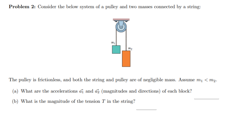 Problem 2: Consider the below system of a pulley and two masses connected by a string:
The pulley is frictionless, and both the string and pulley are of negligible mass. Assume mị < m2.
(a) What are the accelerations ai and az (magnitudes and directions) of each block?
(b) What is the magnitude of the tension T in the string?
