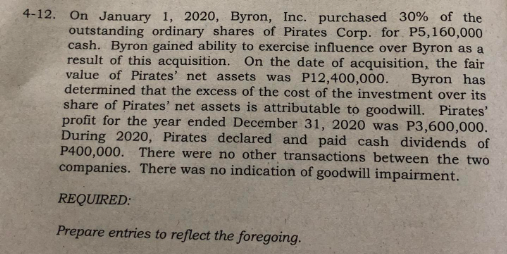 4-12. On January 1, 2020, Byron, Inc. purchased 30% of the
outstanding ordinary shares of Pirates Corp. for P5,160,000
cash. Byron gained ability to exercise influence over Byron as a
result of this acquisition. On the date of acquisition, the fair
value of Pirates' net assets was P12,400,000.
Byron has
determined that the excess of the cost of the investment over its
share of Pirates' net assets is attributable to goodwill. Pirates'
profit for the year ended December 31, 2020 was P3,600,000.
During 2020, Pirates declared and paid cash dividends of
P400,000. There were no other transactions between the two
companies. There was no indication of goodwill impairment.
REQUIRED:
Prepare entries to reflect the foregoing.