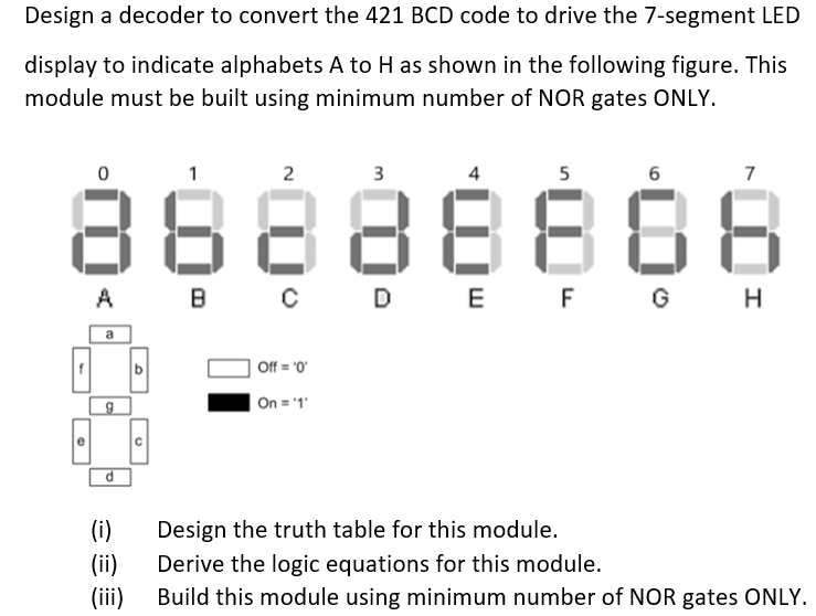 Design a decoder to convert the 421 BCD code to drive the 7-segment LED
display to indicate alphabets A to H as shown in the following figure. This
module must be built using minimum number of NOR gates ONLY.
2
3
5
6
7
88888888
A
B C D E F G H
b
Off = '0'
On = '1'
e
(i)
Design the truth table for this module.
(ii)
Derive the logic equations for this module.
(iii)
Build this module using minimum number of NOR gates ONLY.
