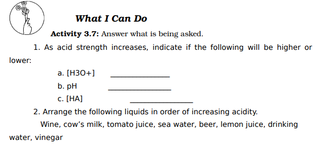 What I Can Do
Activity 3.7: Answer what is being asked.
1. As acid strength increases, indicate if the following will be higher or
lower:
а. [НЗО+]
b. pH
с. [НА]
2. Arrange the following liquids in order of increasing acidity.
Wine, cow's milk, tomato juice, sea water, beer, lemon juice, drinking
water, vinegar
