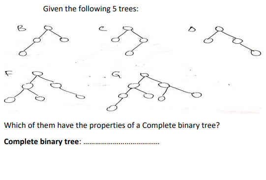 Given the following 5 trees:
B
Which of them have the properties of a Complete binary tree?
Complete binary tree: .
