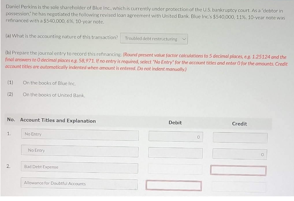 Daniel Perkins is the sole shareholder of Blue Inc., which is currently under protection of the U.S. bankruptcy court. As a "debtor in
possession," he has negotiated the following revised loan agreement with United Bank. Blue Inc.'s $540,000, 11%, 10-year note was
refinanced with a $540,000, 6%, 10-year note.
(a) What is the accounting nature of this transaction?
(b) Prepare the journal entry to record this refinancing: (Round present value factor calculations to 5 decimal places, e.g. 1.25124 and the
final answers to 0 decimal places e.g. 58,971. If no entry is required, select "No Entry" for the account titles and enter O for the amounts. Credit
account titles are automatically indented when amount is entered. Do not indent manually.)
(1)
(2)
No.
1.
2.
On the books of Blue Inc.
On the books of United Bank.
Account Titles and Explanation
No Entry
No Entry
Bad Debt Expense
Troubled debt restructuring
Allowance for Doubtful Accounts
Debit
0
Credit
0