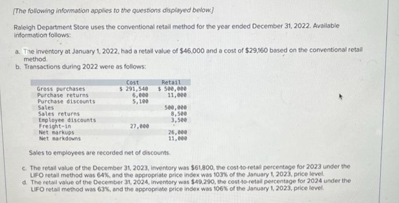 [The following information applies to the questions displayed below.]
Raleigh Department Store uses the conventional retail method for the year ended December 31, 2022. Available
information follows:
a. The inventory at January 1, 2022, had a retail value of $46,000 and a cost of $29,160 based on the conventional retail
method.
b. Transactions during 2022 were as follows:
Gross purchases
Purchase returns
Purchase discounts
Sales
Sales returns
Employee discounts
Freight-in
Net markups
Net markdowns
Cost
$ 291,540
6,000
5,100
27,000
Retail
$500,000
11,000
500,000
8,500
3,500
26,000
11,000
Sales to employees are recorded net of discounts.
c. The retail value of the December 31, 2023, inventory was $61,800, the cost-to-retail percentage for 2023 under the
LIFO retail method was 64%, and the appropriate price index was 103% of the January 1, 2023, price level.
d. The retail value of the December 31, 2024, inventory was $49,290, the cost-to-retail percentage for 2024 under the
LIFO retail method was 63%, and the appropriate price index was 106% of the January 1, 2023, price level.