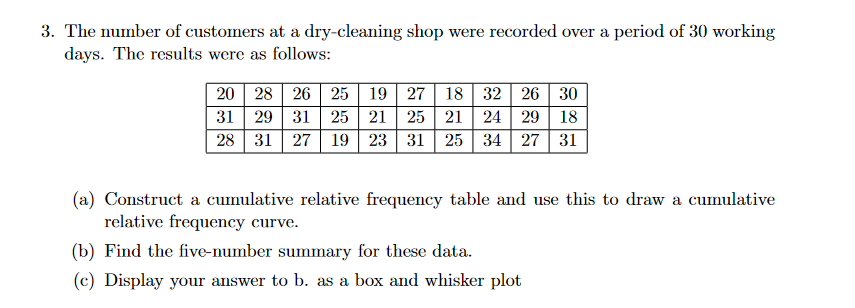 3. The number of customers at a dry-cleaning shop were recorded over a period of 30 working
days. The results were as follows:
20 28 26 25 19 27 18 32 26 30
31 29 31 25 21 25 21 | 24 29 18
28 31 27 19 23 31 25 34 27 | 31
(a) Construct a cumulative relative frequency table and use this to draw a cumulative
relative frequency curve.
(b) Find the five-number summary for these data.
(c) Display your answer to b. as a box and whisker plot
