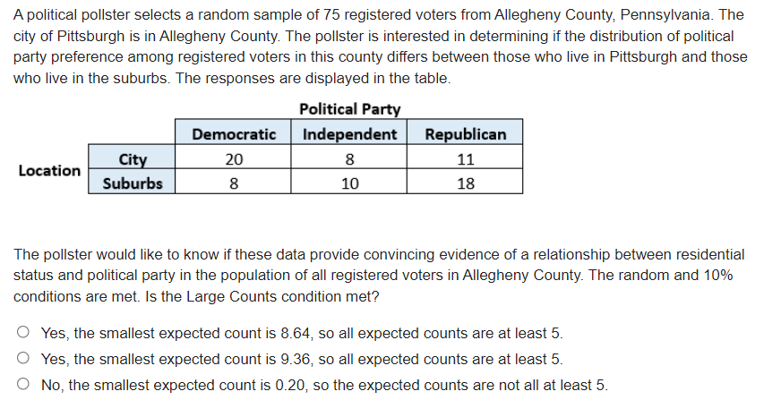 A political pollster selects a random sample of 75 registered voters from Allegheny County, Pennsylvania. The
city of Pittsburgh is in Allegheny County. The pollster is interested in determining if the distribution of political
party preference among registered voters in this county differs between those who live in Pittsburgh and those
who live in the suburbs. The responses are displayed in the table.
Political Party
Democratic
Independent
Republican
City
20
8
11
Location
Suburbs
8
10
18
The pollster would like to know if these data provide convincing evidence of a relationship between residential
status and political party in the population of all registered voters in Allegheny County. The random and 10%
conditions are met. Is the Large Counts condition met?
O Yes, the smallest expected count is 8.64, so all expected counts are at least 5.
O Yes, the smallest expected count is 9.36, so all expected counts are at least 5.
O No, the smallest expected count is 0.20, so the expected counts are not all at least 5.
