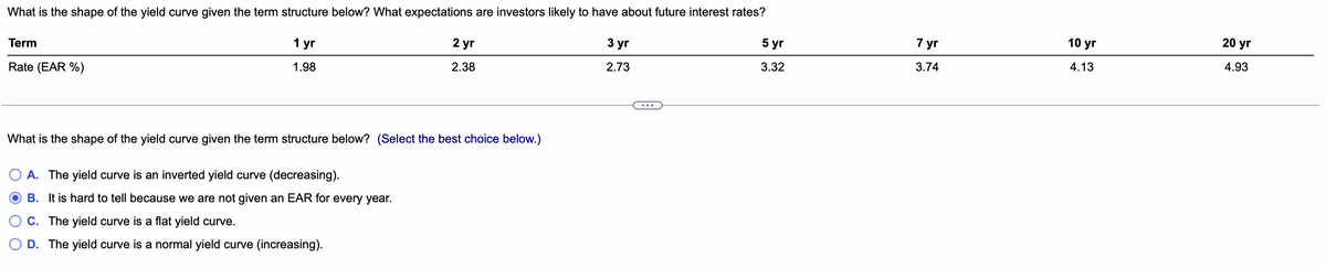 What is the shape of the yield curve given the term structure below? What expectations are investors likely to have about future interest rates?
5 yr
7 yr
10 yr
20 yr
1 yr
2 yr
3 yr
Term
4.13
4.93
3.32
3.74
2.38
2.73
1.98
Rate (EAR %)
...
What is the shape of the yield curve given the term structure below? (Select the best choice below.)
A. The yield curve is an inverted yield curve (decreasing).
B. It is hard to tell because we are not given an EAR for every year.
C. The yield curve is a flat yield curve.
D. The yield curve is a normal yield curve (increasing).
