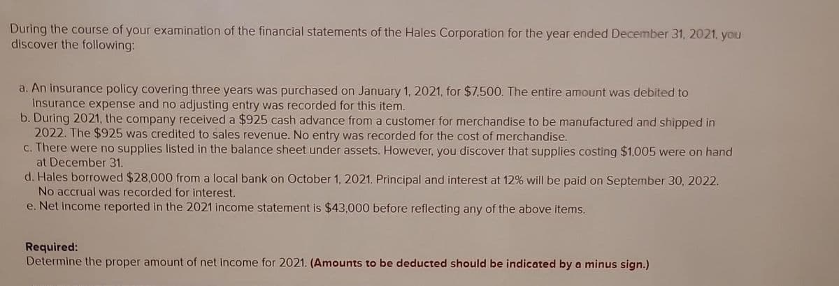 During the course of your examination of the financial statements of the Hales Corporation for the year ended December 31, 2021, you
discover the following:
a. An insurance policy covering three years was purchased on January 1, 2021, for $7,500. The entire amount was debited to
insurance expense and no adjusting entry was recorded for this item.
b. During 2021, the company received a $925 cash advance from a customer for merchandise to be manufactured and shipped in
2022. The $925 was credited to sales revenue. No entry was recorded for the cost of merchandise.
c. There were no supplies listed in the balance sheet under assets. However, you discover that supplies costing $1,005 were on hand
at December 31.
d. Hales borrowed $28,000 from a local bank on October 1, 2021. Principal and interest at 12% will be paid on September 30, 2022.
No accrual was recorded for interest.
e. Net income reported in the 2021 income statement is $43,000 before reflecting any of the above items.
Required:
Determine the proper amount of net income for 2021. (Amounts to be deducted should be indicated by a minus sign.)