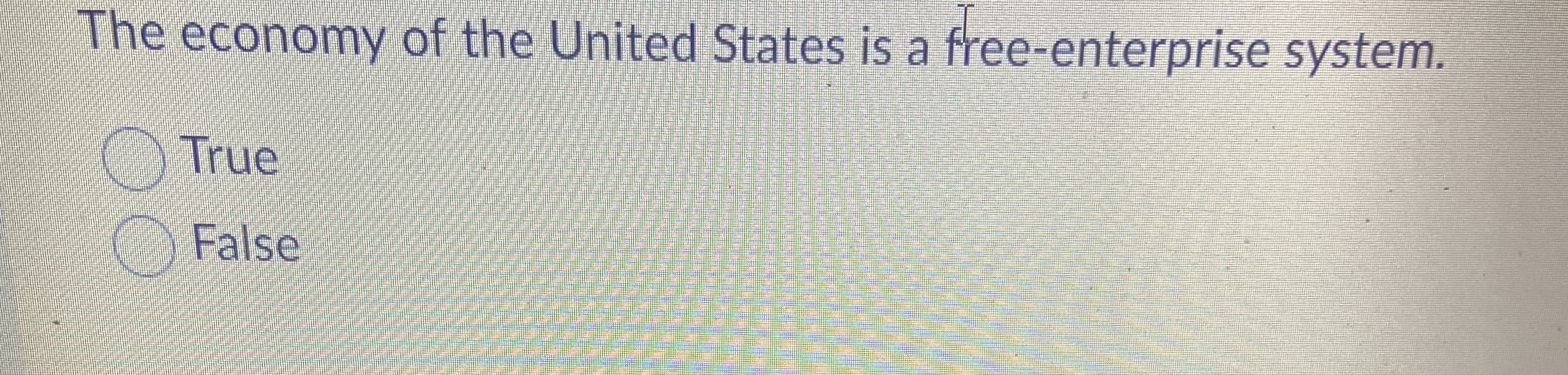 The economy of the United States is a free-enterprise system.
True
False
