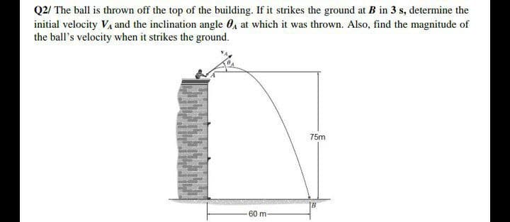 Q2/ The ball is thrown off the top of the building. If it strikes the ground at B in 3 s, determine the
initial velocity Va and the inclination angle 0a at which it was thrown. Also, find the magnitude of
the ball's velocity when it strikes the ground.
75m
60 m
